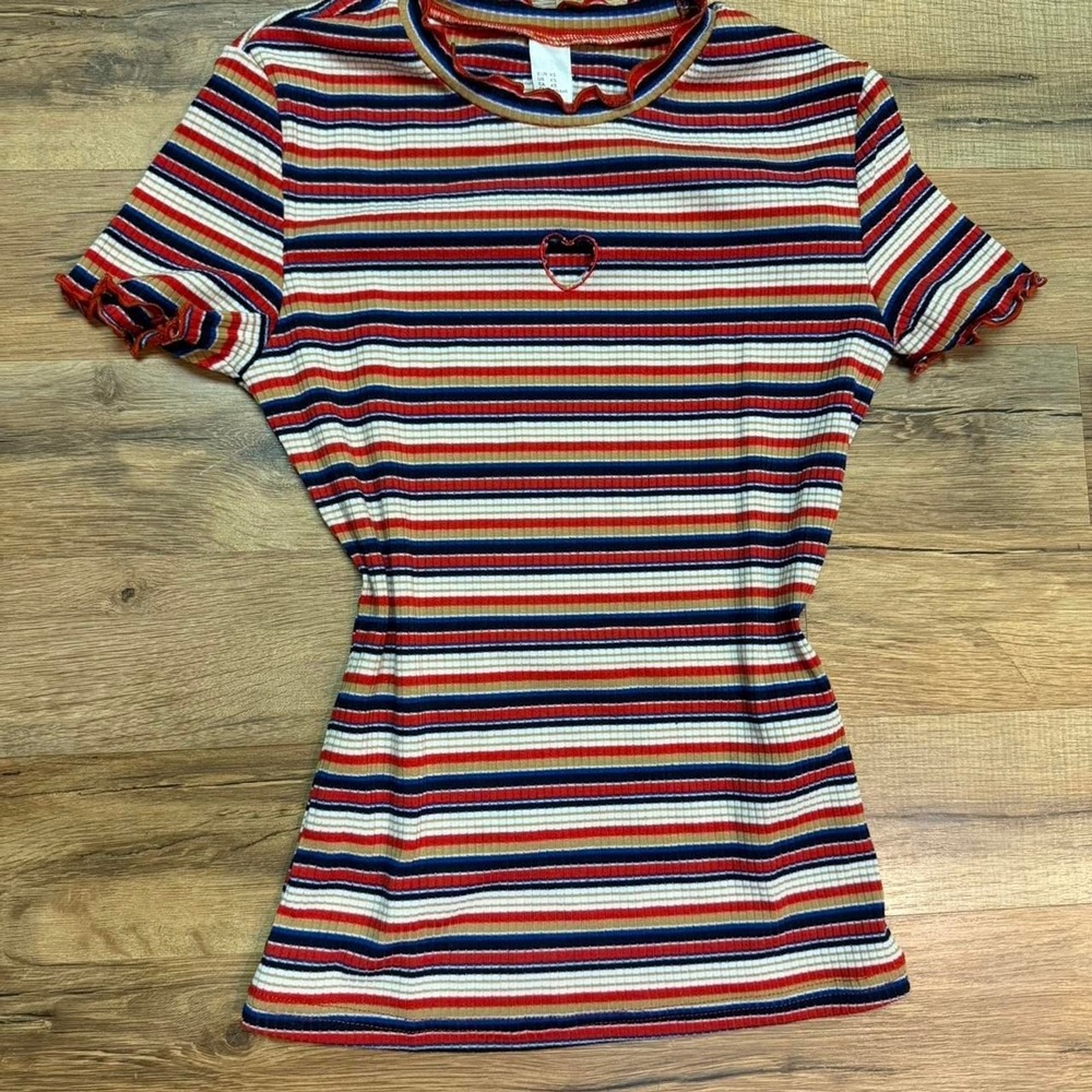 Y2K heart cutout striped ribbed babydoll t shirt